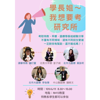 時間:109年06月11日(四) 08:30~10:00
地點:南大校區綜合教學大樓N413教室
主辦單位:特殊教育學系
演講題目: 學長姐我要上研究所
演講人:鍾玎萱 曾子綺 黃詠昕 李怡臻 鍾曉文
鍾玎萱 國立清華大學 特殊教育學系碩士班 (推甄)
曾子綺 台北教育大學 特殊教育學系碩士班 早期療育組 (推甄)
李怡臻 台北市立大學 特殊教育學系碩士班 語言治療組 (考試)
黃詠昕 台北市立大學 特殊教育學系碩士班 語言治療組 (推甄)
鍾曉文 中山醫學大學 語言治療與聽力學學系碩士班 語言治療組(海外聯招)