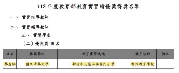 蔡亞臻115教育實習優良獎 系網公告